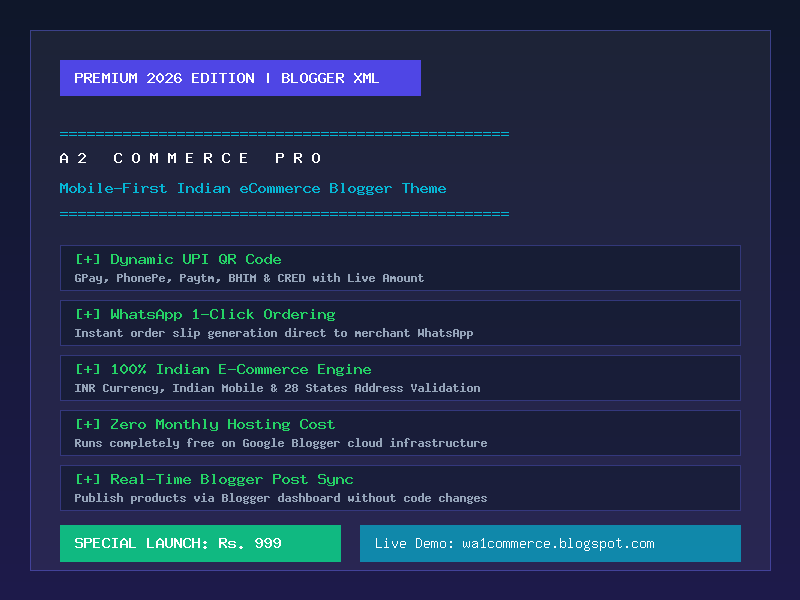A2 Commerce – Mobile-First Indian E-Commerce Blogger Theme (₹ INR & UPI)